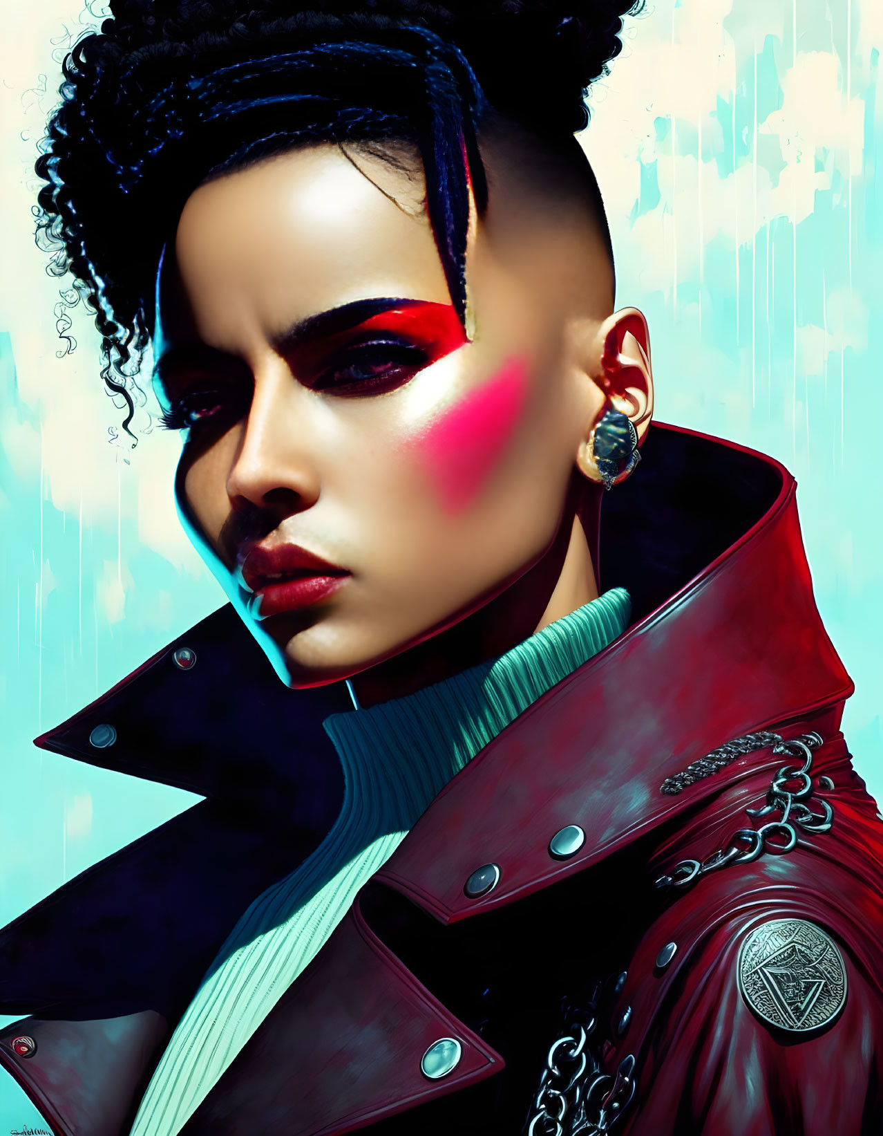 Stylized portrait of a person with red makeup and high-collared jacket