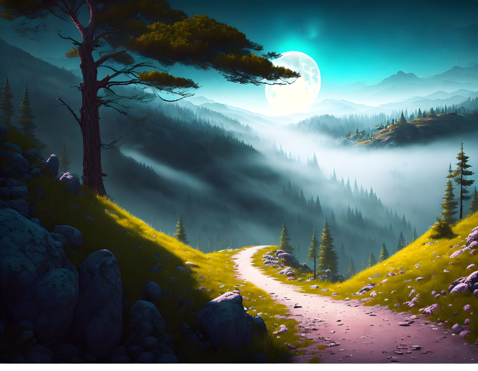 Moonlit landscape with winding path, lush trees, rolling hills, starry sky