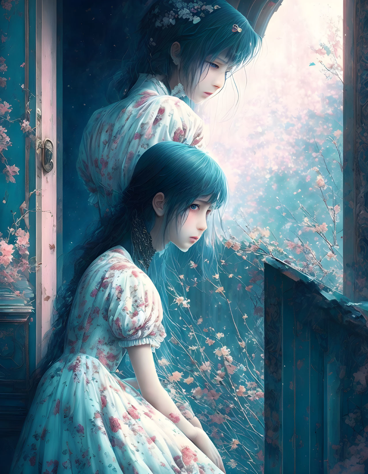 Anime-style girls in floral dresses by window with pink blossoms fluttering outside