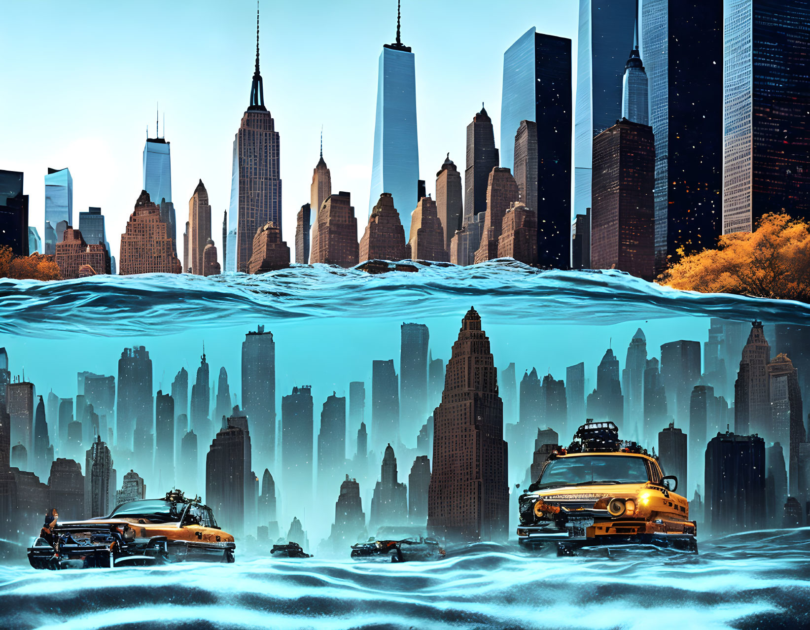 Surreal illustration: New York City skyline submerged in water