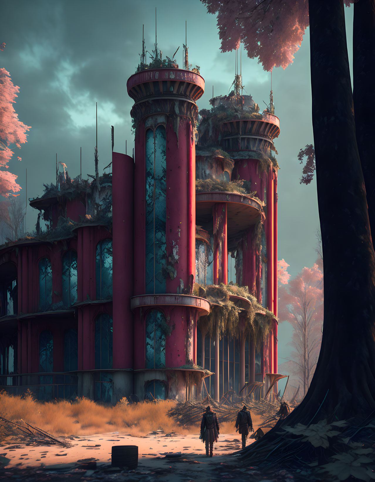 Abandoned circular building with red pillars in forest landscape.