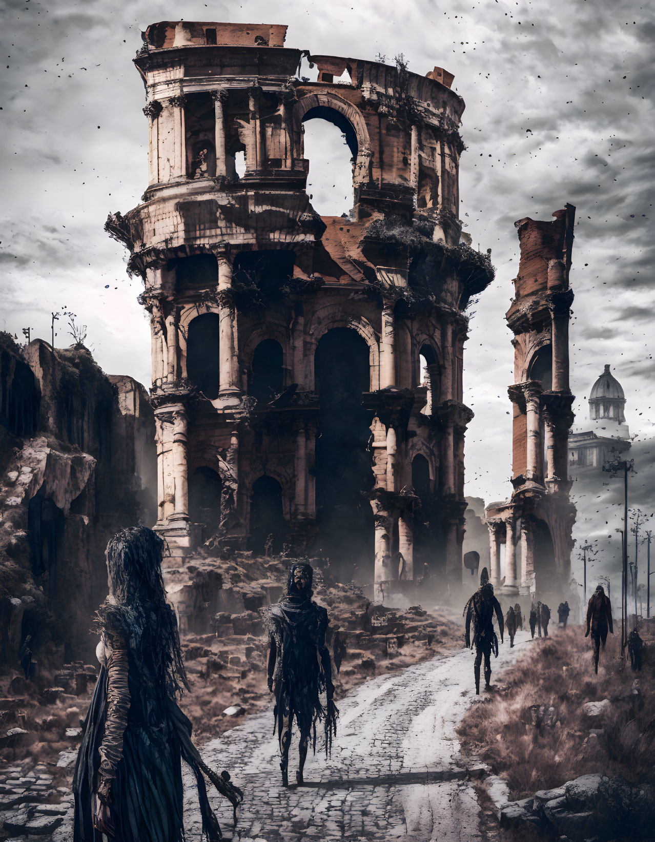 Dystopian landscape with destroyed architecture and ominous atmosphere