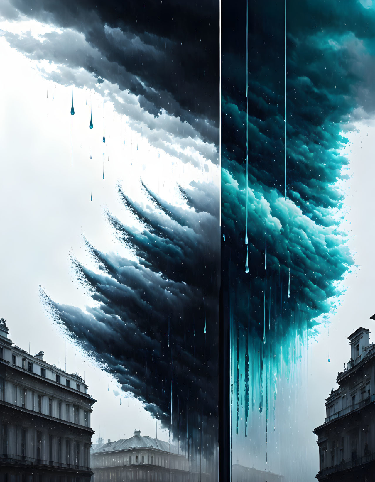 Surreal stormy cloud formation above classical buildings