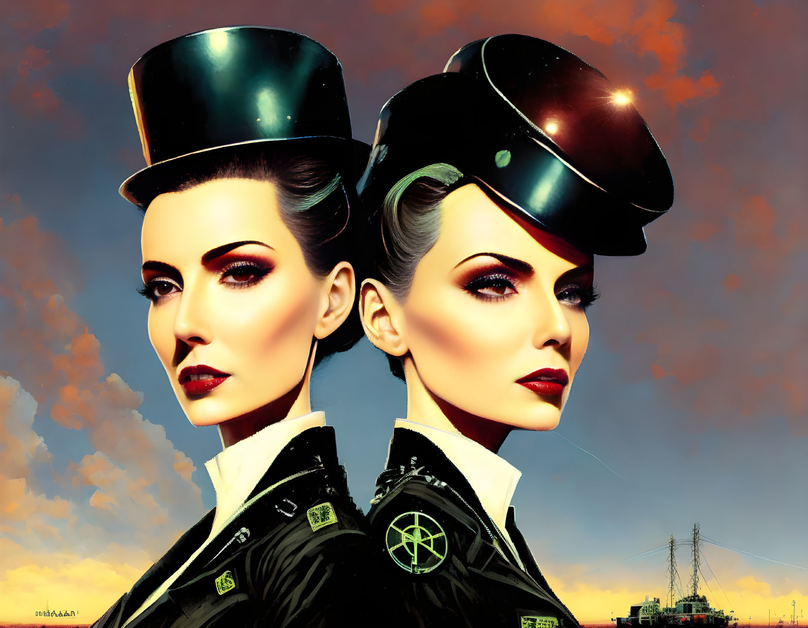 Stylized women in black outfits with military hats against orange sky