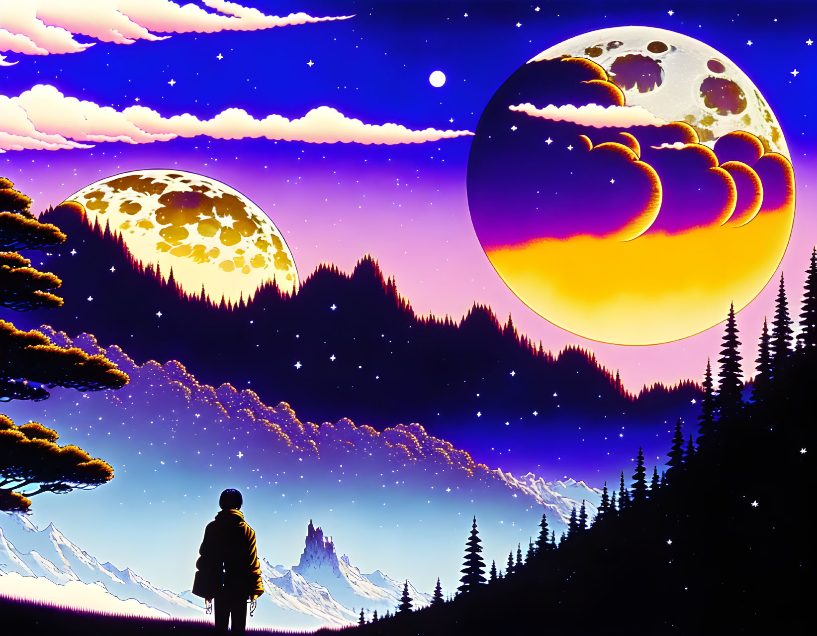 Person in surreal landscape with two moons, purple skies, pine trees, and mountains