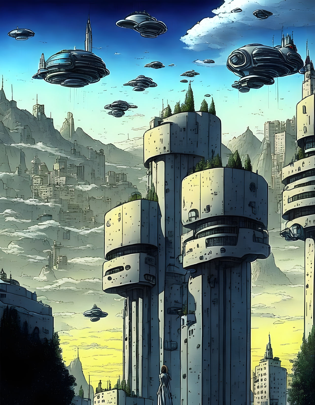 Futuristic cityscape with greenery-topped buildings and flying saucers