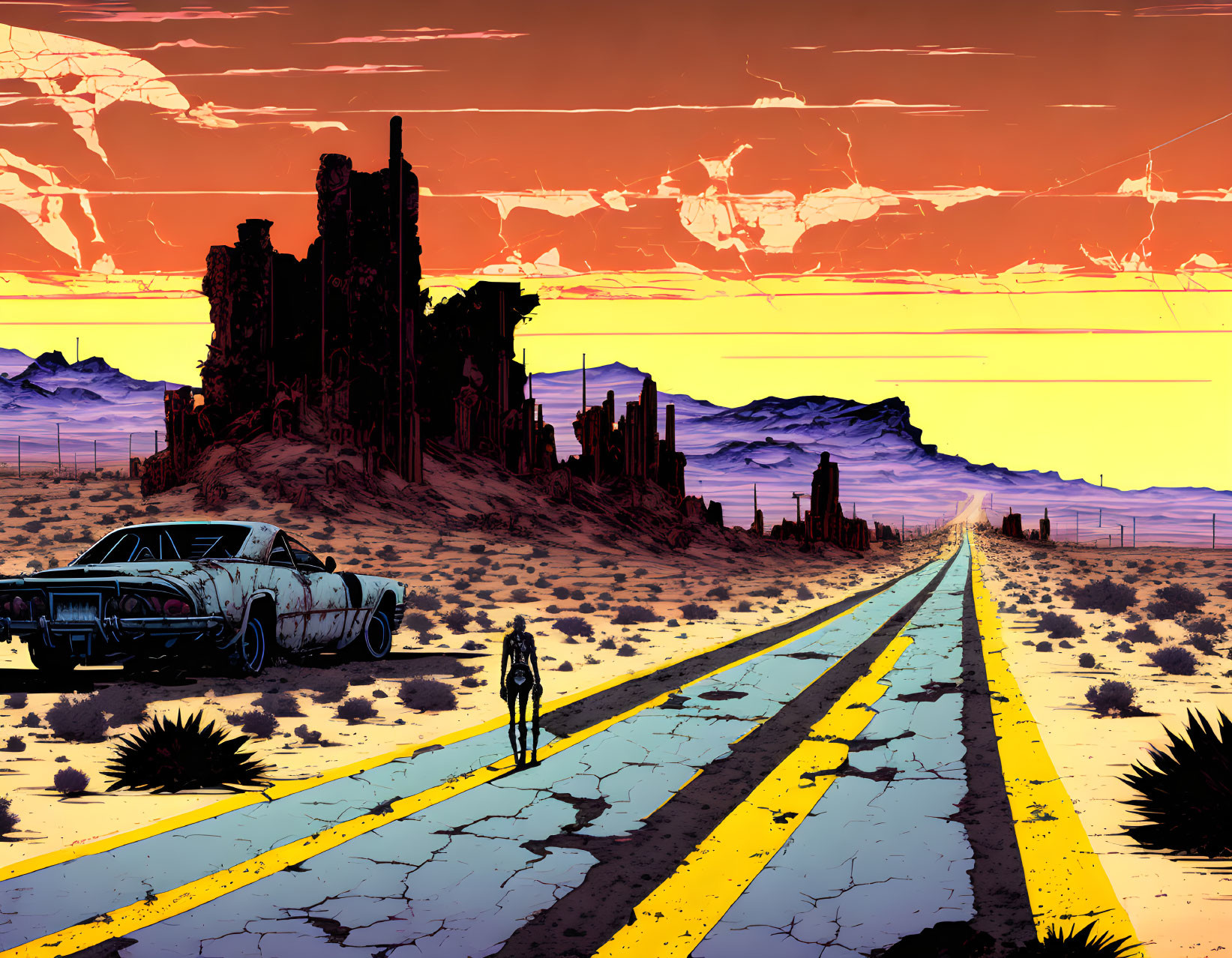 Illustration of person on desert road with classic car under crimson sky