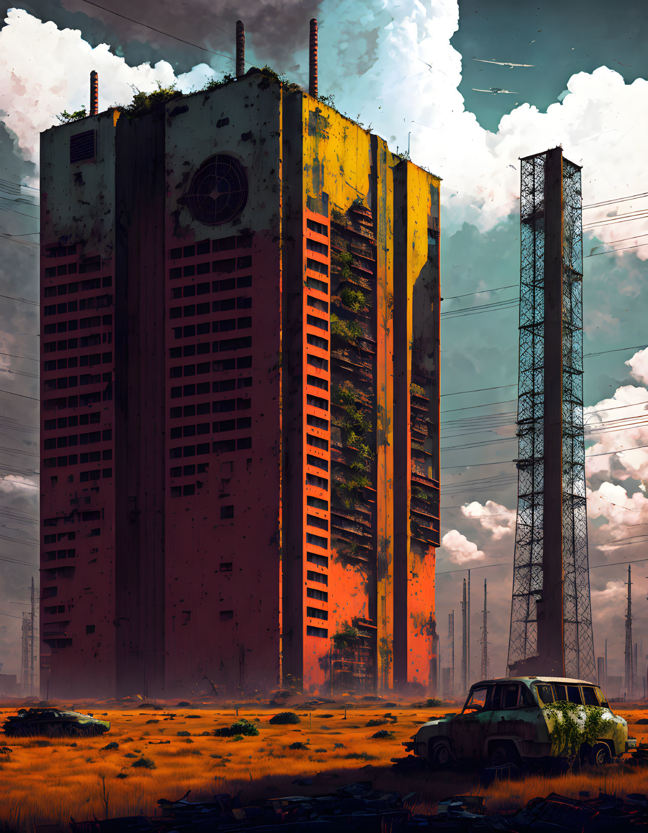 Dystopian landscape with towering building, overgrown vegetation, and abandoned vehicles