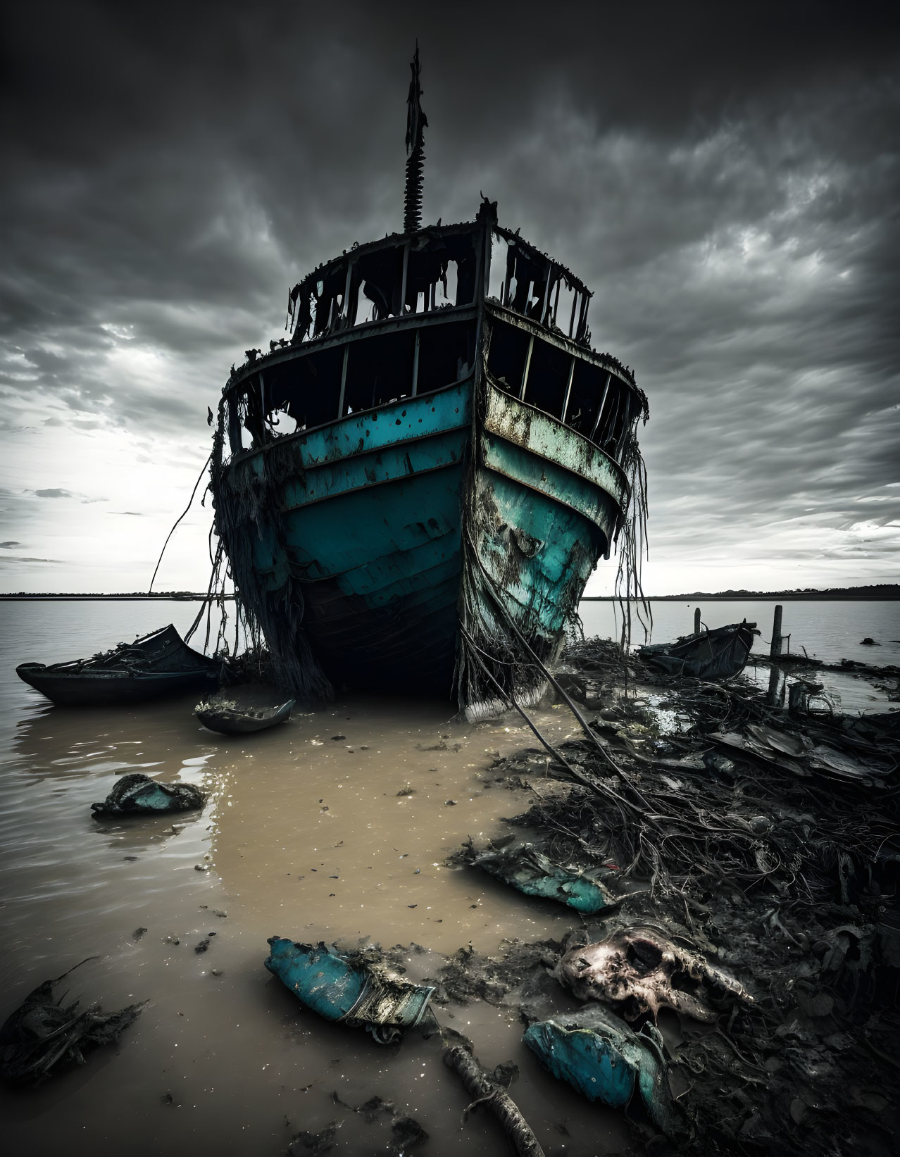 Abandoned decaying boat with peeling blue paint on murky shore