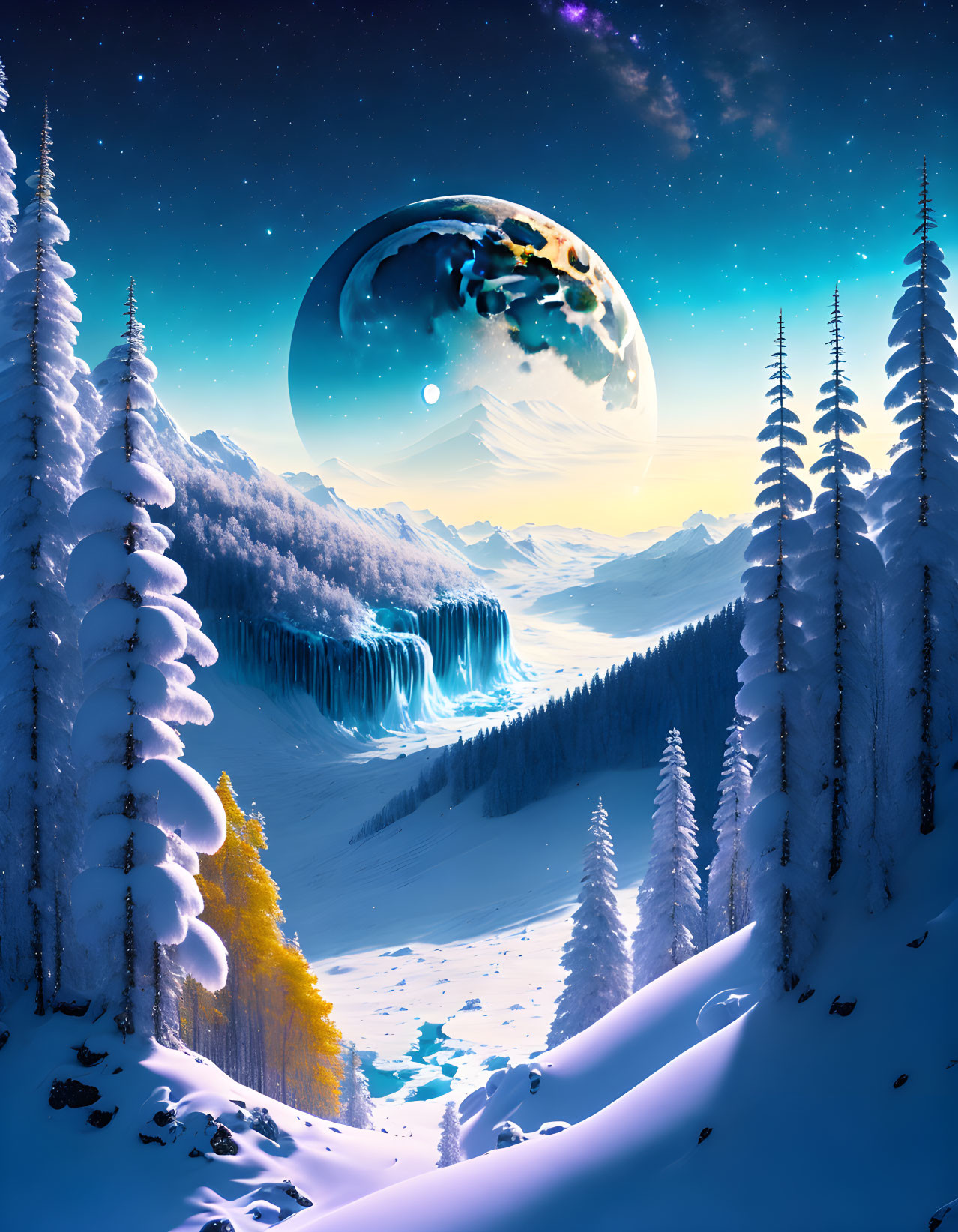 Snow-covered trees, frozen waterfall, river, and surreal planet in winter landscape