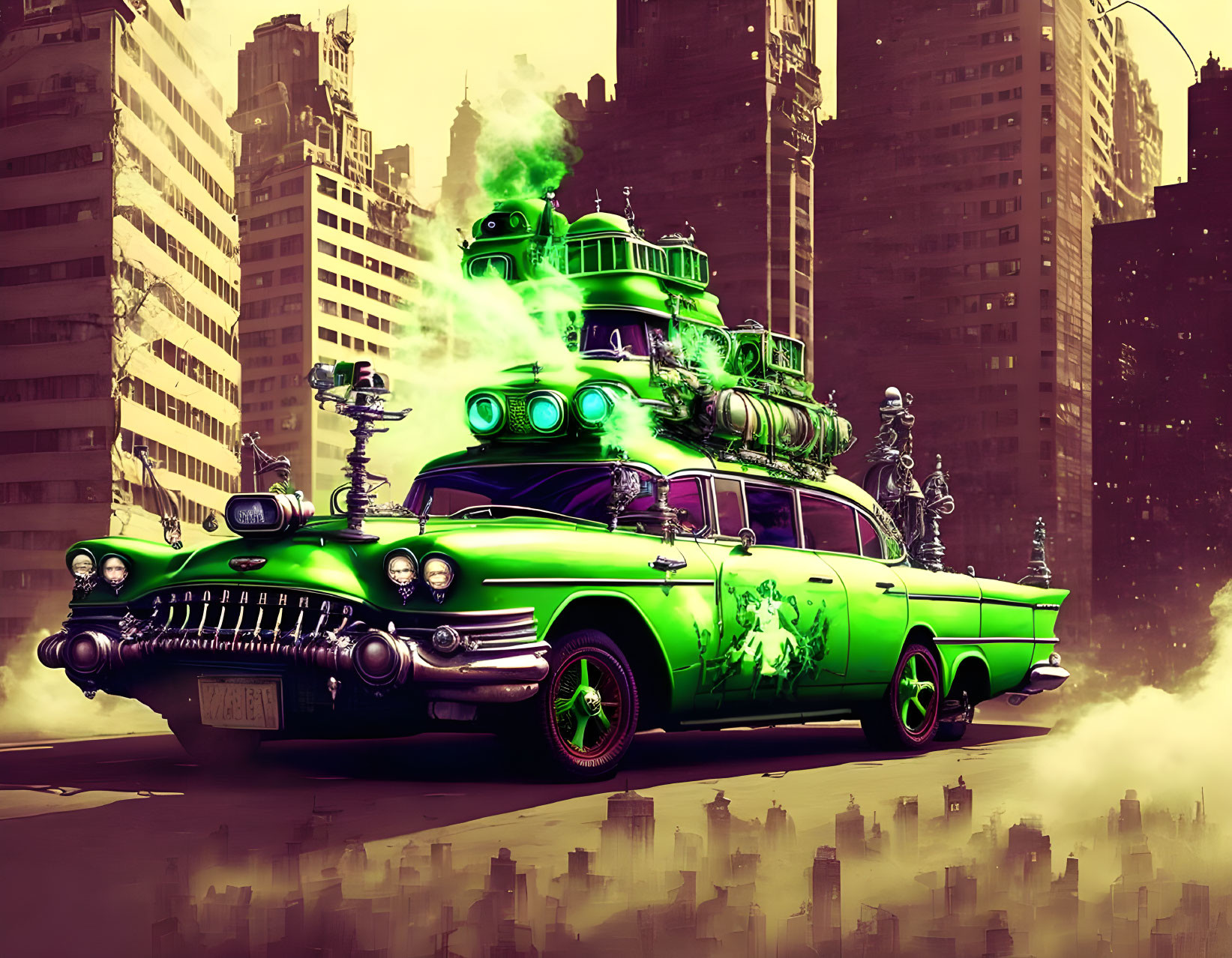 Classic car with futuristic ghost-hunting gear emitting green smoke in urban setting