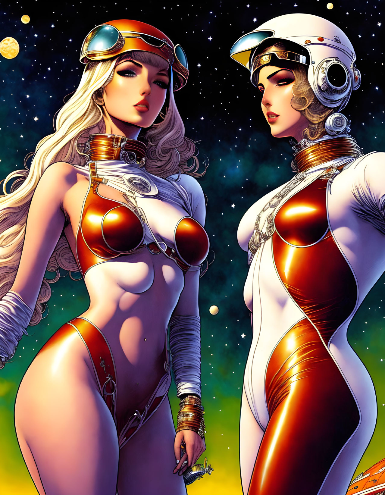 Stylized female characters in space-themed outfits against starry sky.