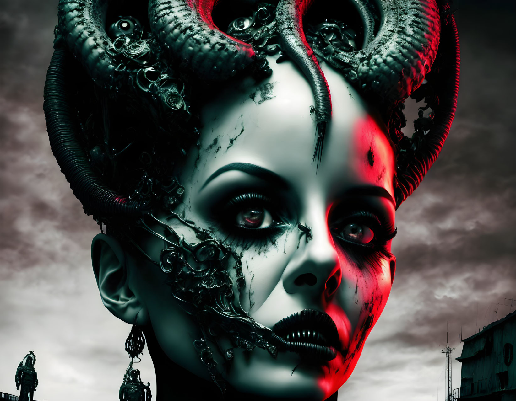 Female figure with horns and mechanical parts under stormy sky - Surreal Gothic Art