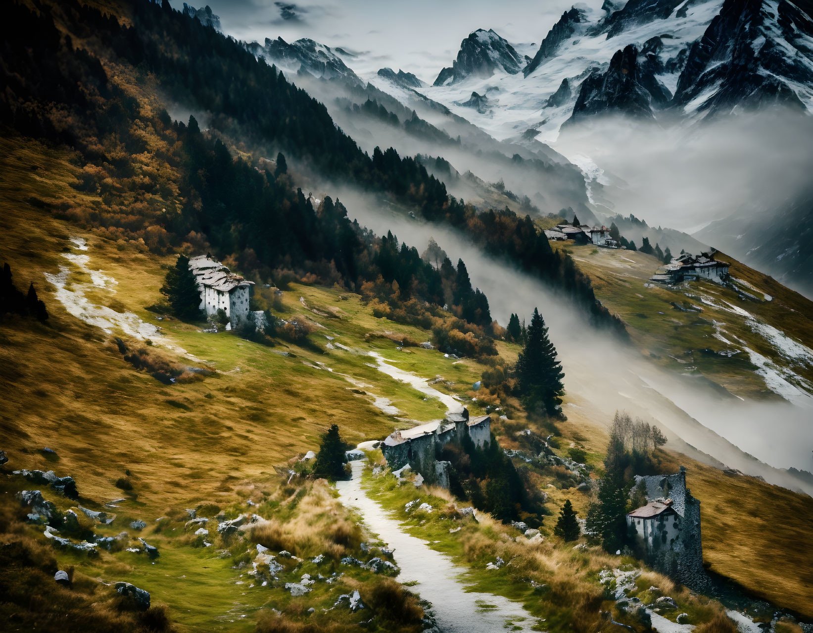 Scenic mountain landscape with ruins, houses, winding path, misty valleys, and snow-capped