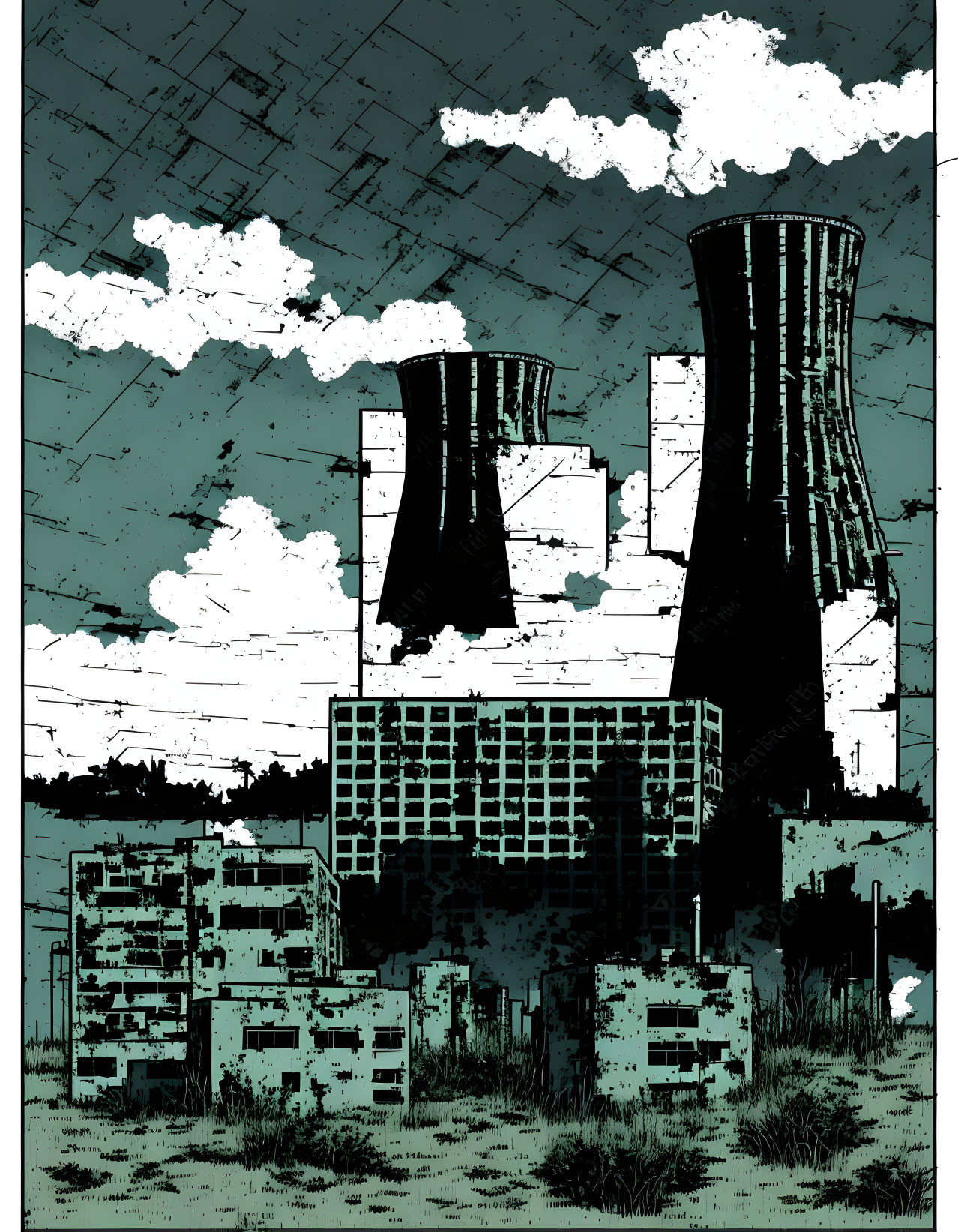 Industrial scene graphic with cooling towers and buildings on cracked texture background