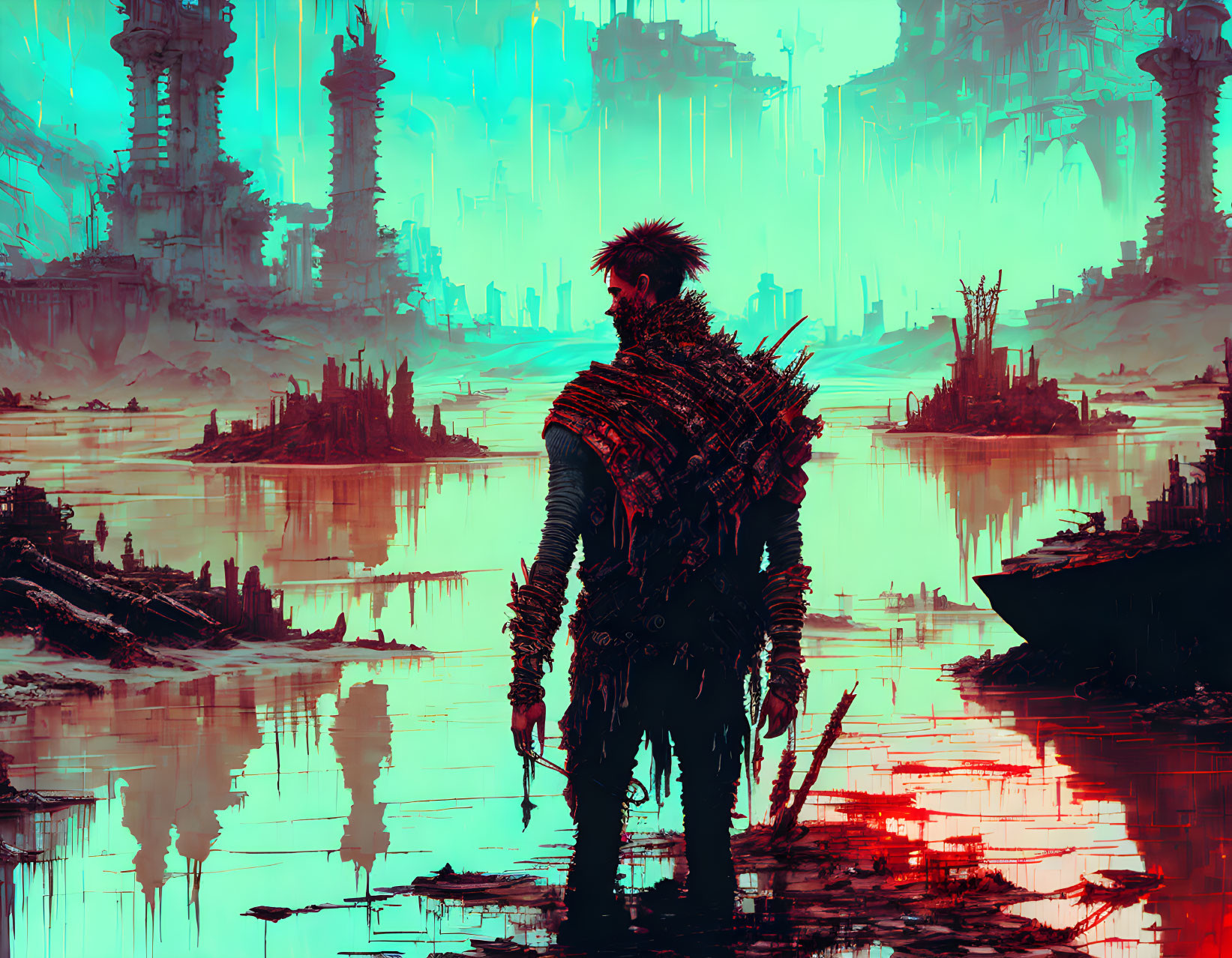 Solitary figure in dystopian landscape with futuristic towers and teal sky