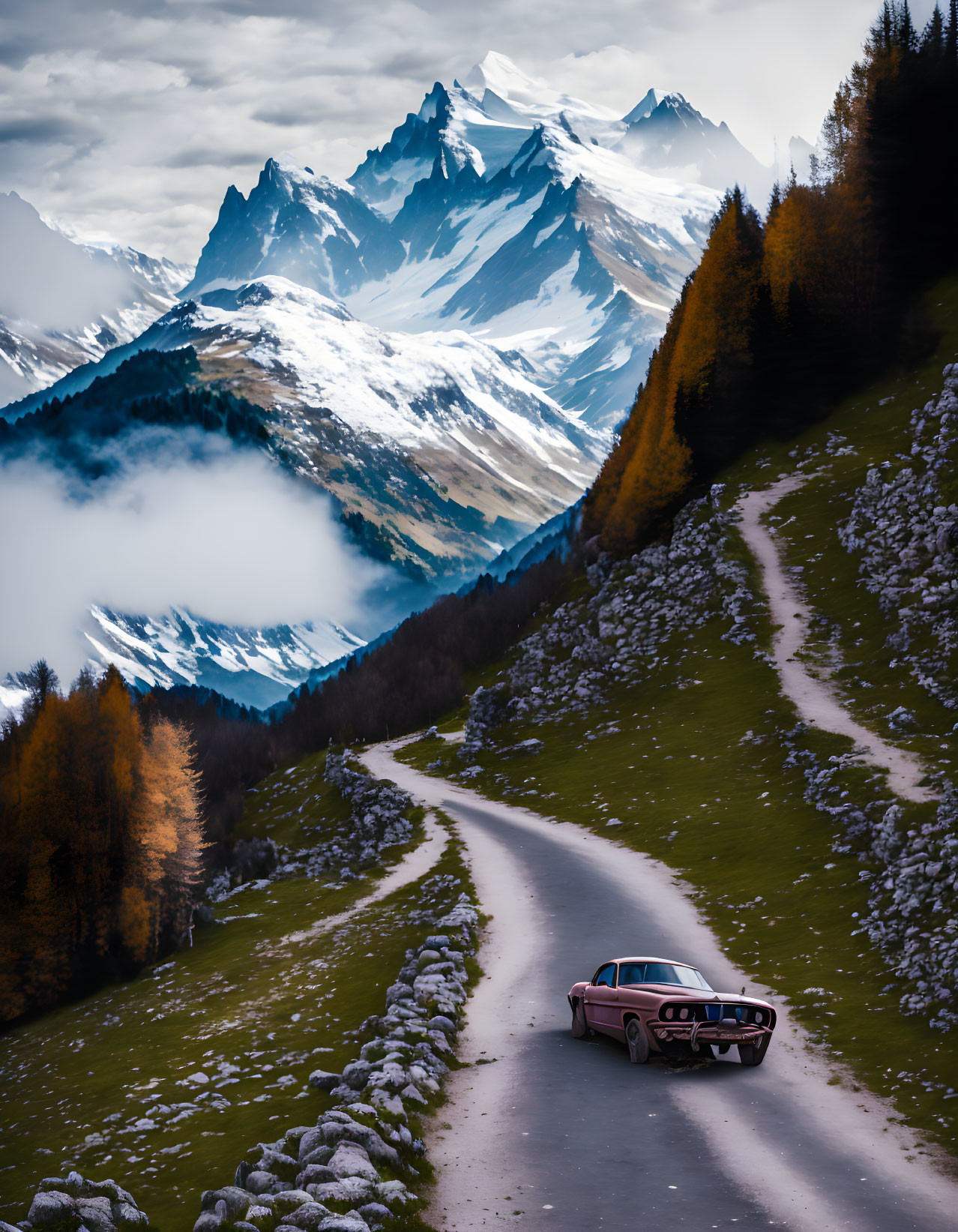 Vintage car navigating snowy mountain road under moody sky