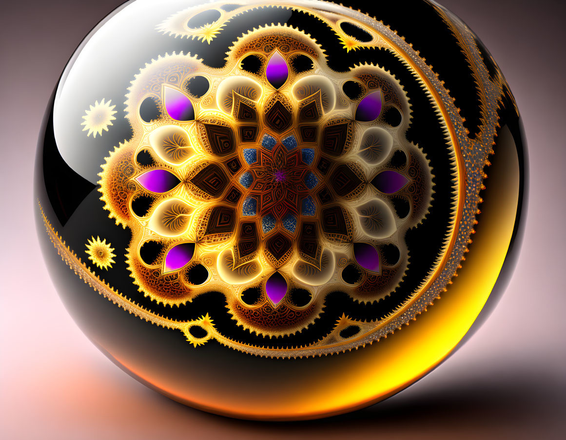 Intricate Gold, White, and Purple Fractal Sphere Artwork