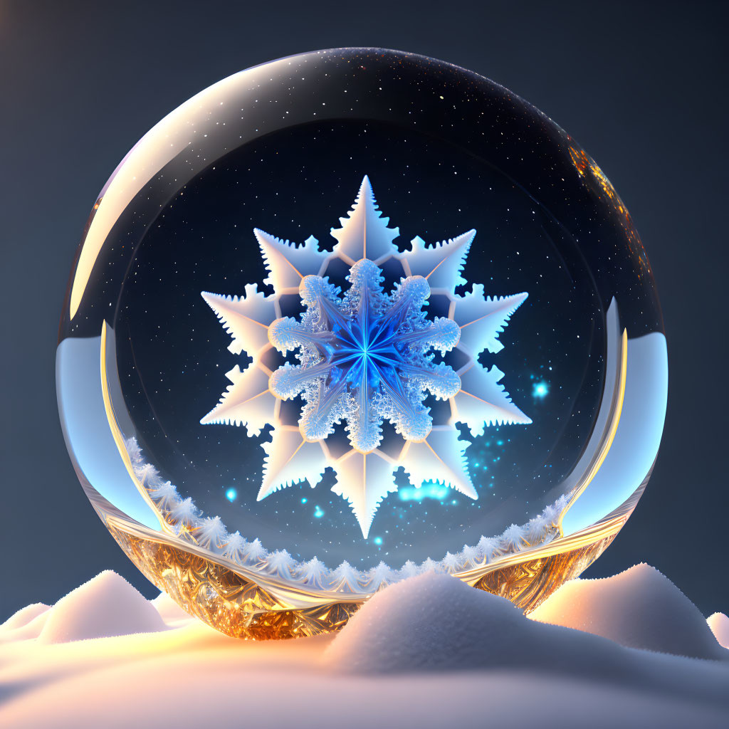 Crystal ball on snowy surface reflecting starry sky with intricate snowflake structure