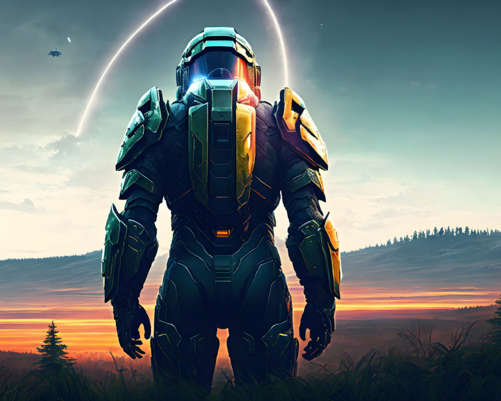 Futuristic soldier in power armor with glowing visor against sunset landscape