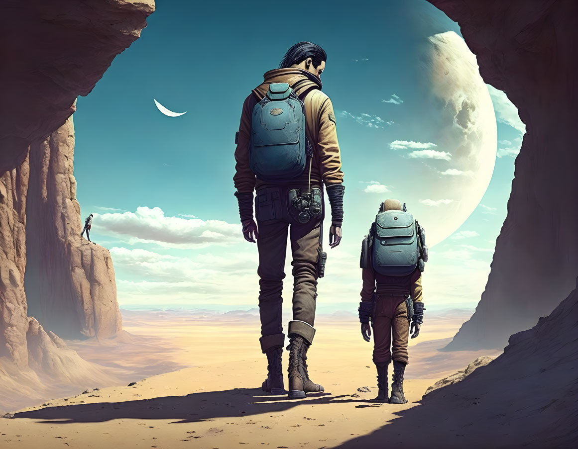 Astronauts in desert canyon with distant figure and large moon