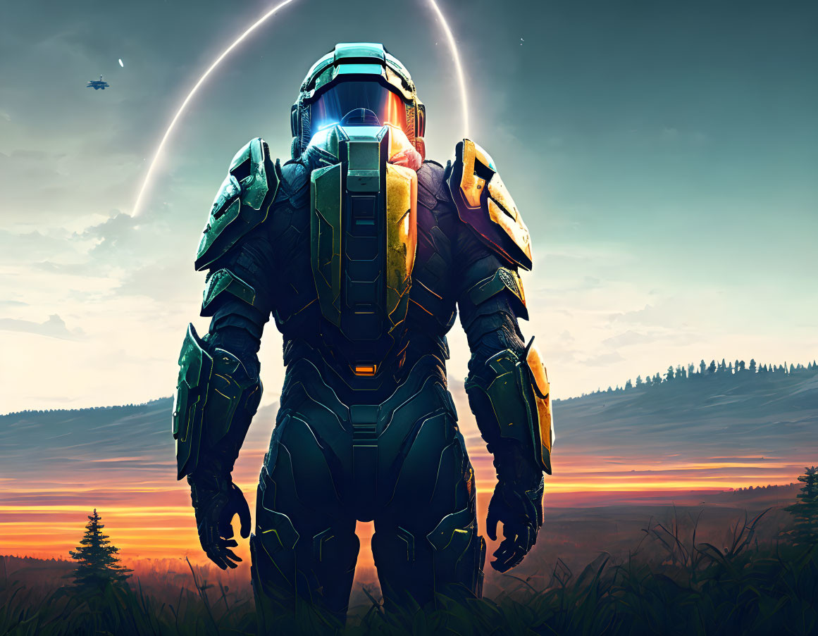 Futuristic soldier in power armor with glowing visor against sunset landscape