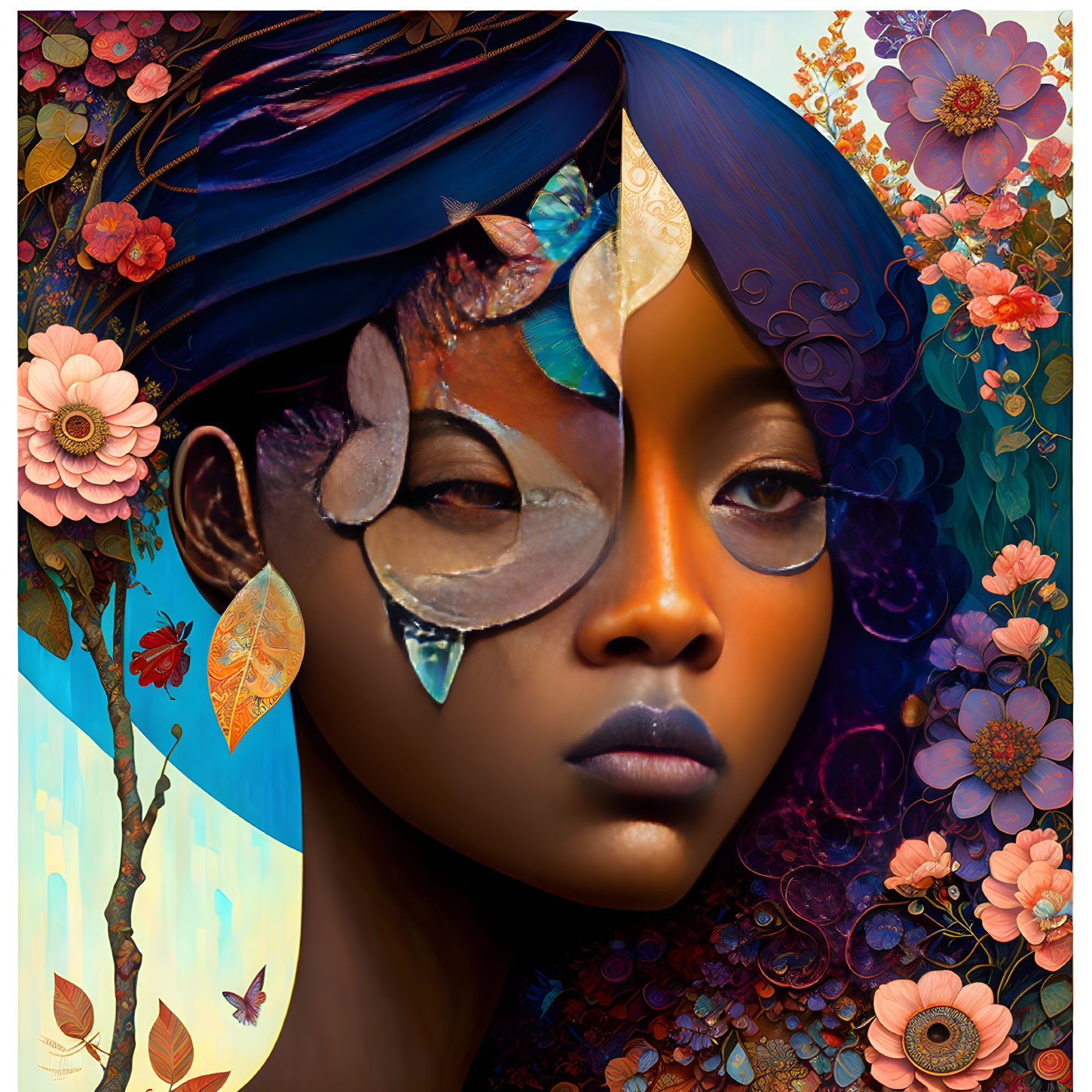 Stylized woman with floral background and leaf adornments in rich, dreamy colors