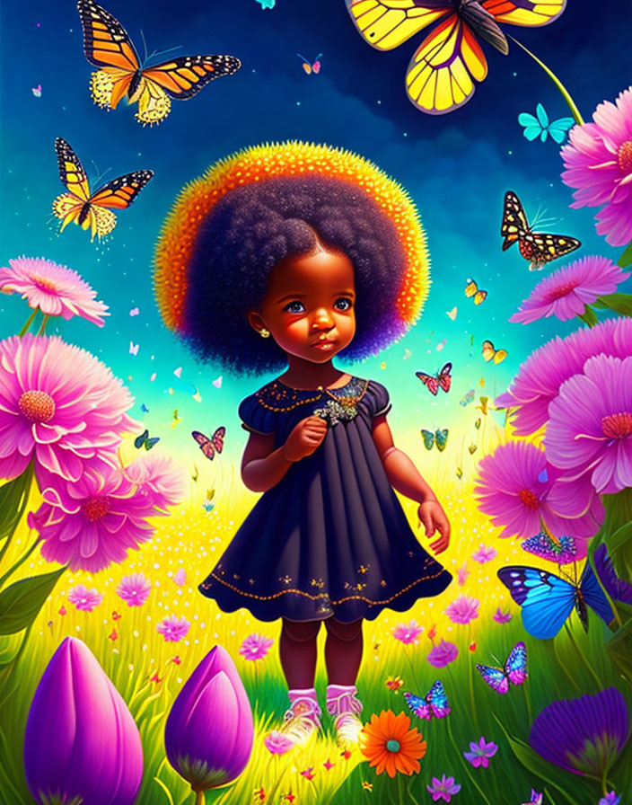 Young girl with glowing hair, flowers, and butterflies in enchanting garden