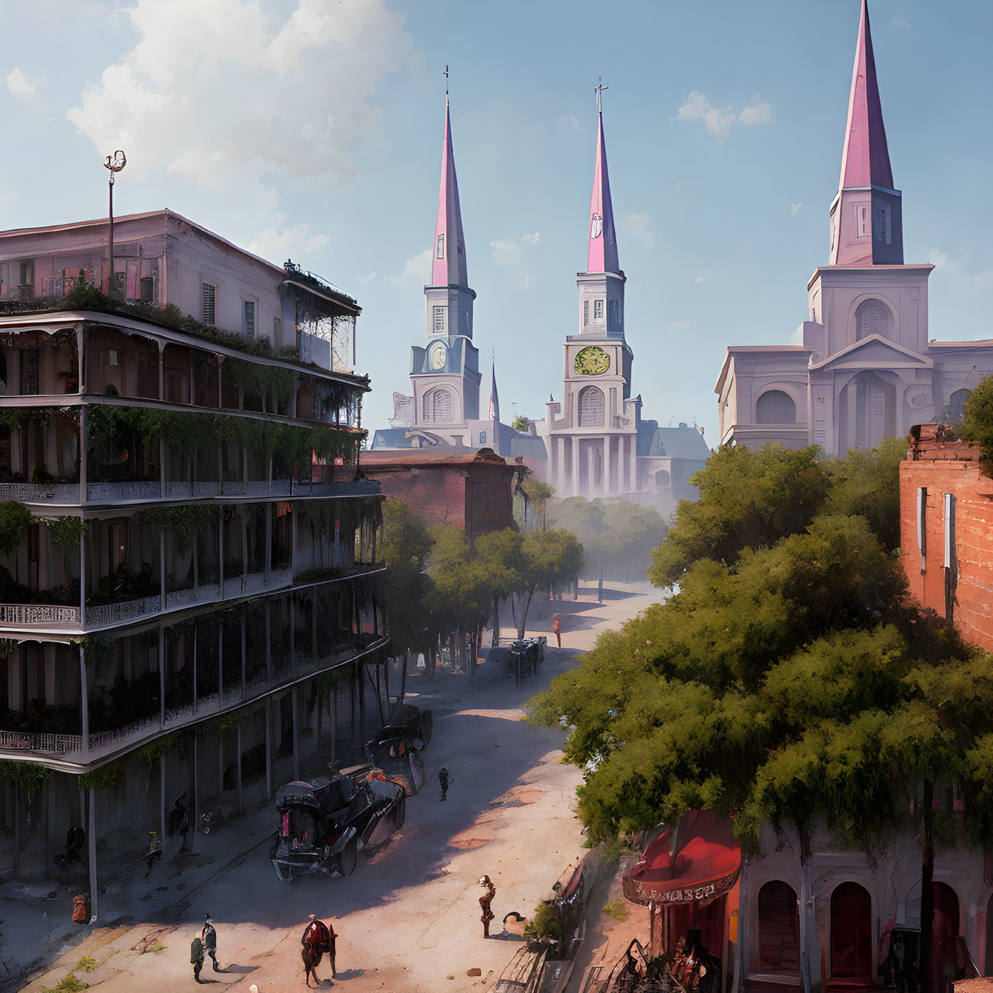 Historical cityscape with spires, balconies, and bustling streets