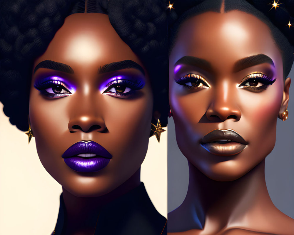 Digital illustration of woman with radiant skin and purple makeup, adorned with stars and golden earrings