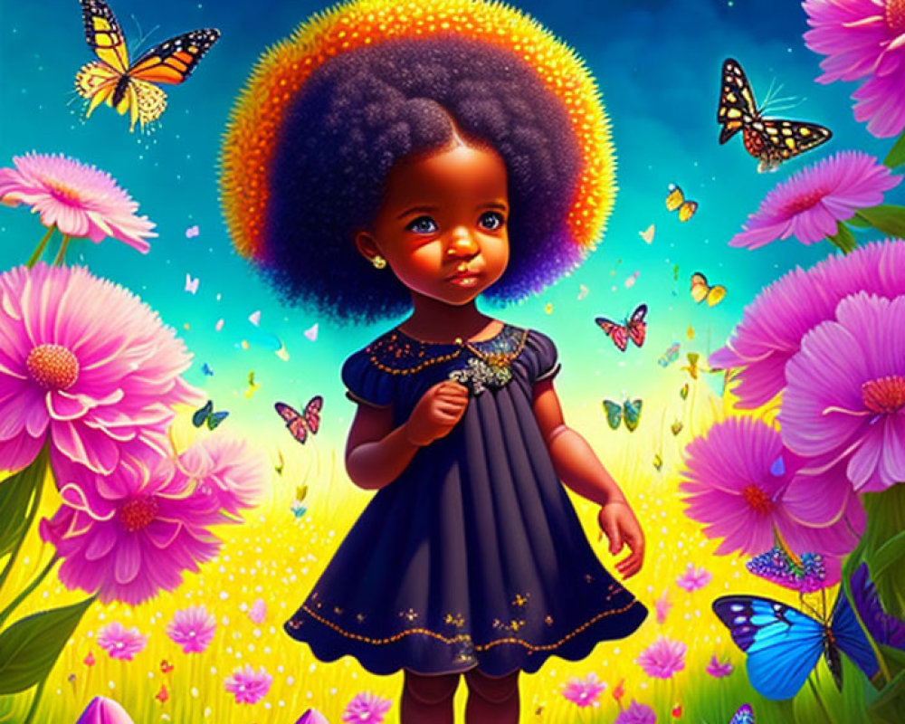 Young girl with glowing hair, flowers, and butterflies in enchanting garden