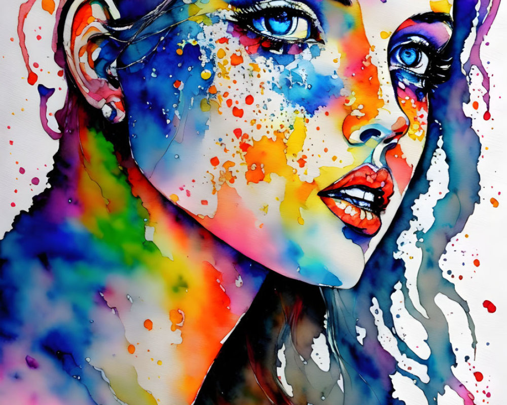 Colorful Watercolor Portrait of Woman with Multicolored Splashes