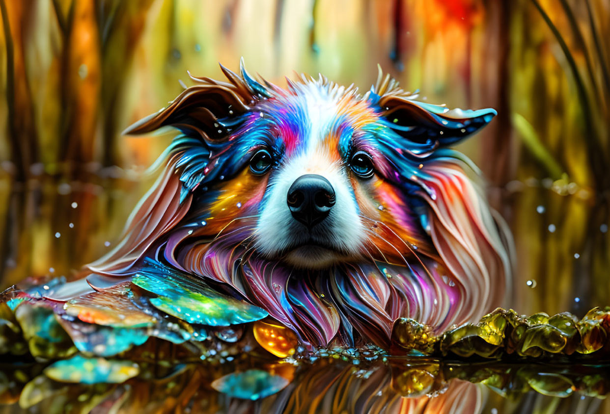 Colorful Dog Artwork: Rainbow Fur in Water with Glossy Leaves