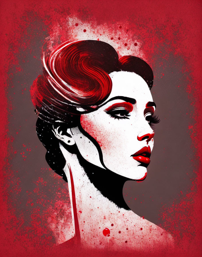 Stylized illustration of woman with red and black tones, bold lips, high bun, splattered