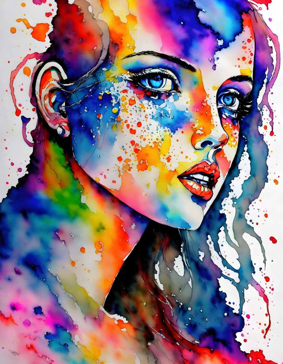 Colorful Watercolor Portrait of Woman with Multicolored Splashes