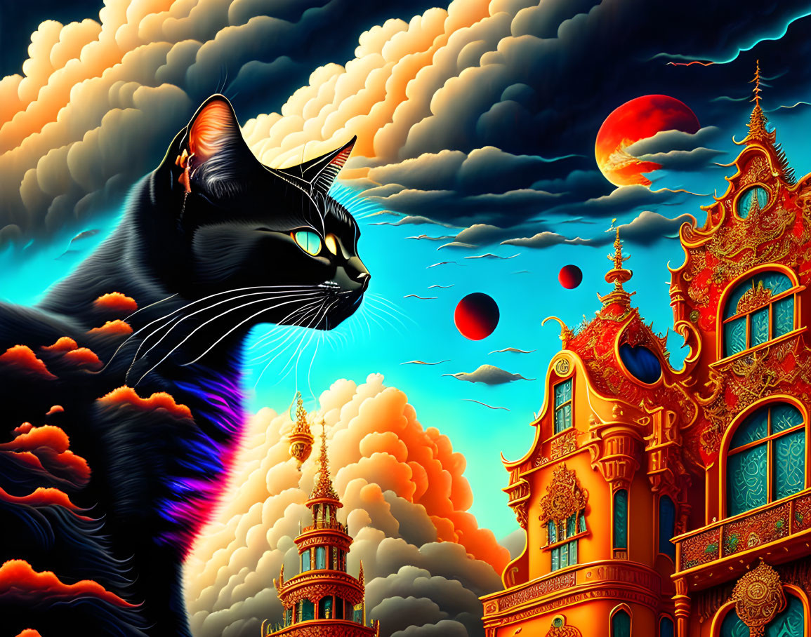 Fantastical black cat artwork with golden buildings and red moon