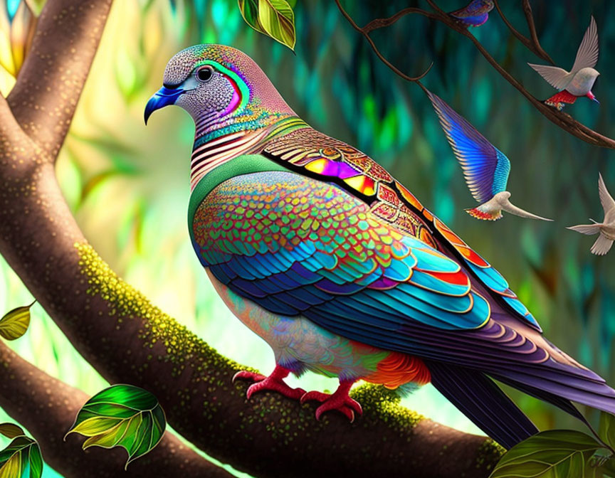 Colorful pigeon with intricate patterns perched in lush forest, hummingbird nearby