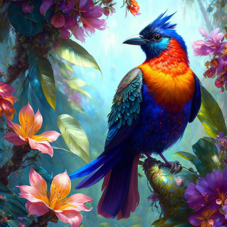 Colorful Bird Among Flowers in Serene Forest