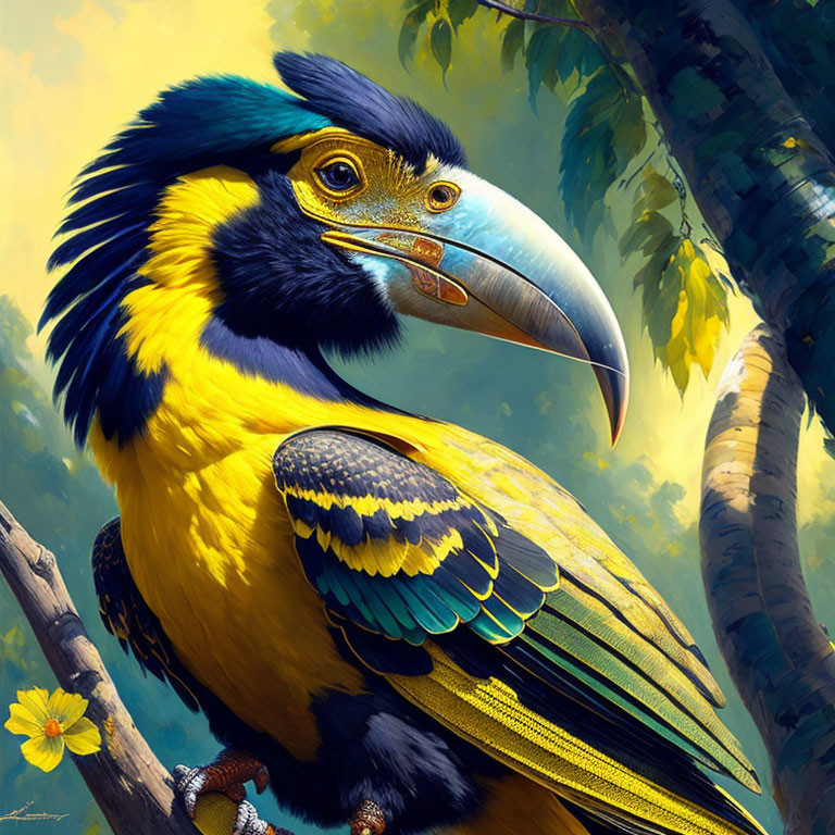 Colorful Toucan Digital Artwork Featuring Yellow and Blue Feathers on Branch