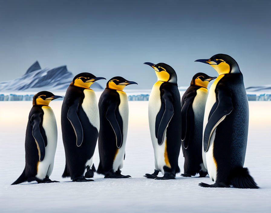 Emperor penguins on icy landscape with glacier and mountains