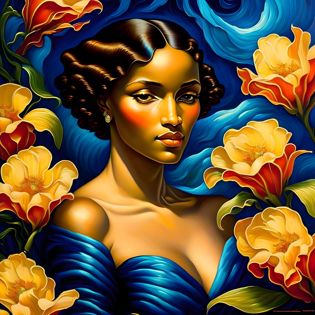 Detailed illustration of woman with curly hair in blue dress among vibrant yellow flowers and blue swirling leaves