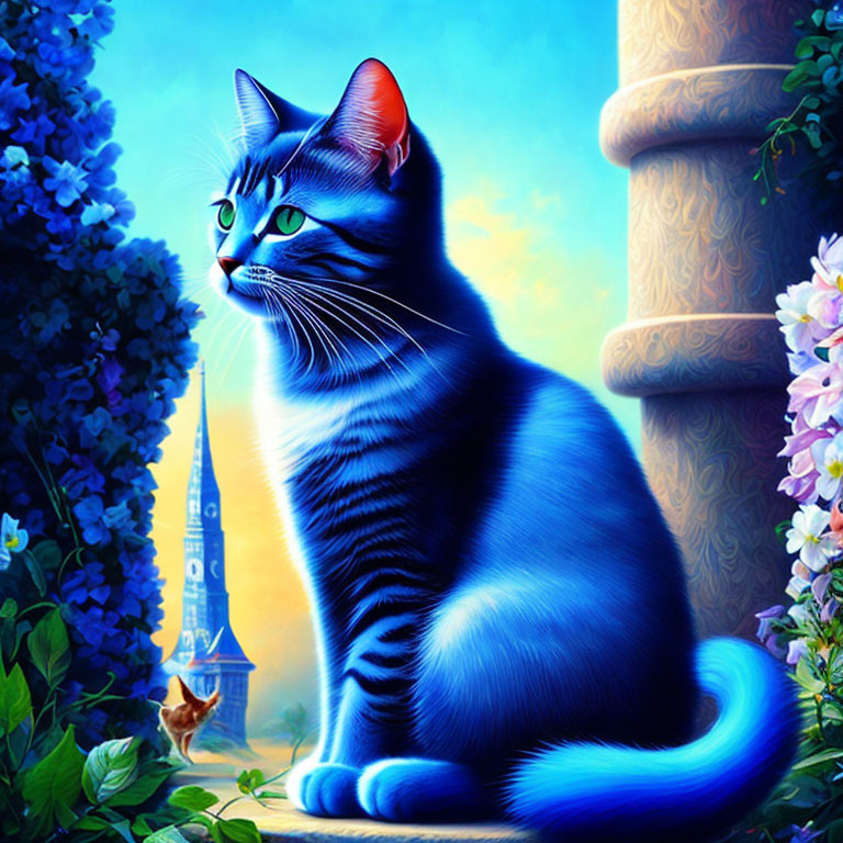 Blue Striped Cat in Colorful Garden with Eiffel Tower Background