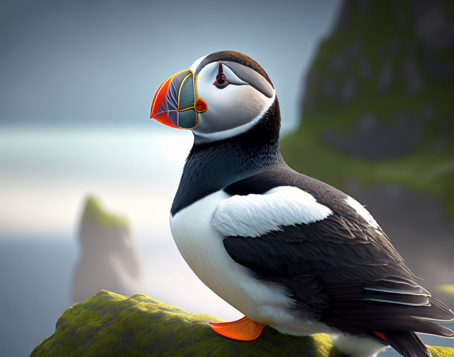 Vibrant Atlantic Puffin on Mossy Cliff with Cloudy Sky