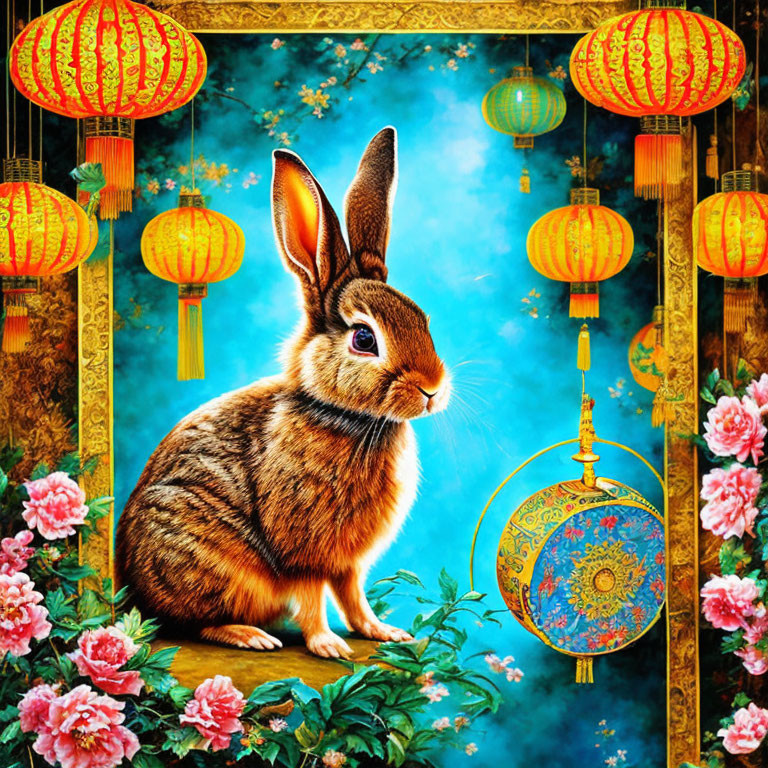 Colorful Rabbit Illustration with Chinese Lanterns and Peonies