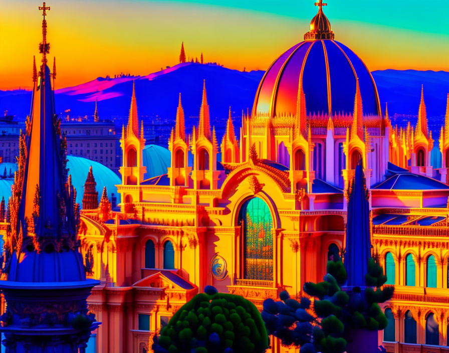 Vibrant sunset sky over grand building with spires