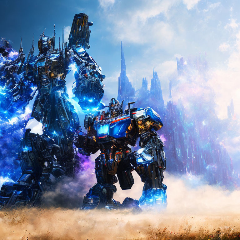 Futuristic robotic humanoid warriors on dusty battleground with blue energy highlights