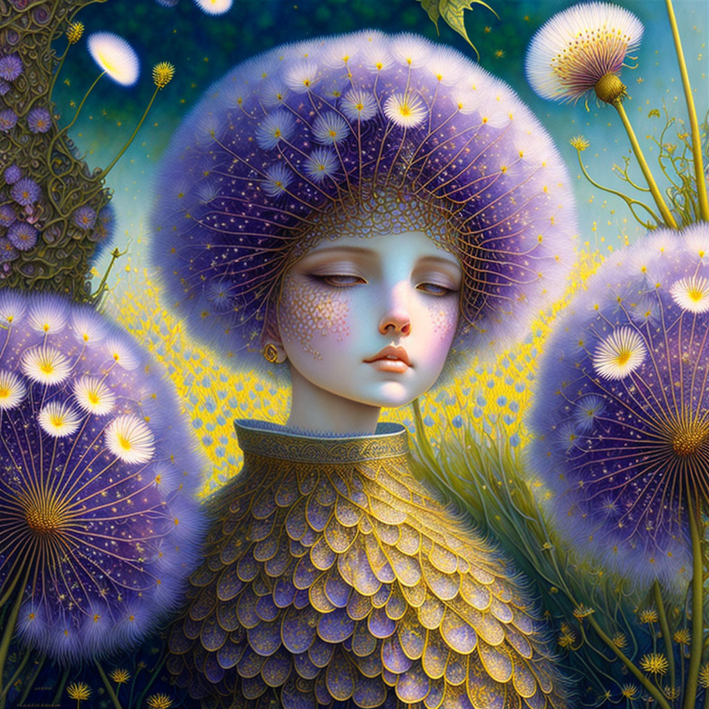 Ethereal female figure with dandelion headdress in fantastical flora landscape