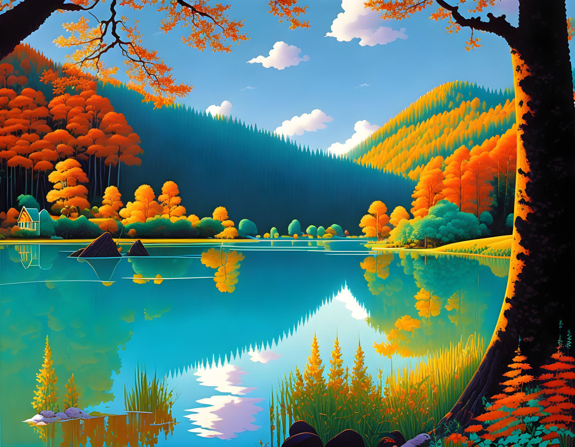 Scenic autumn landscape with colorful trees, lake, boat, and hills