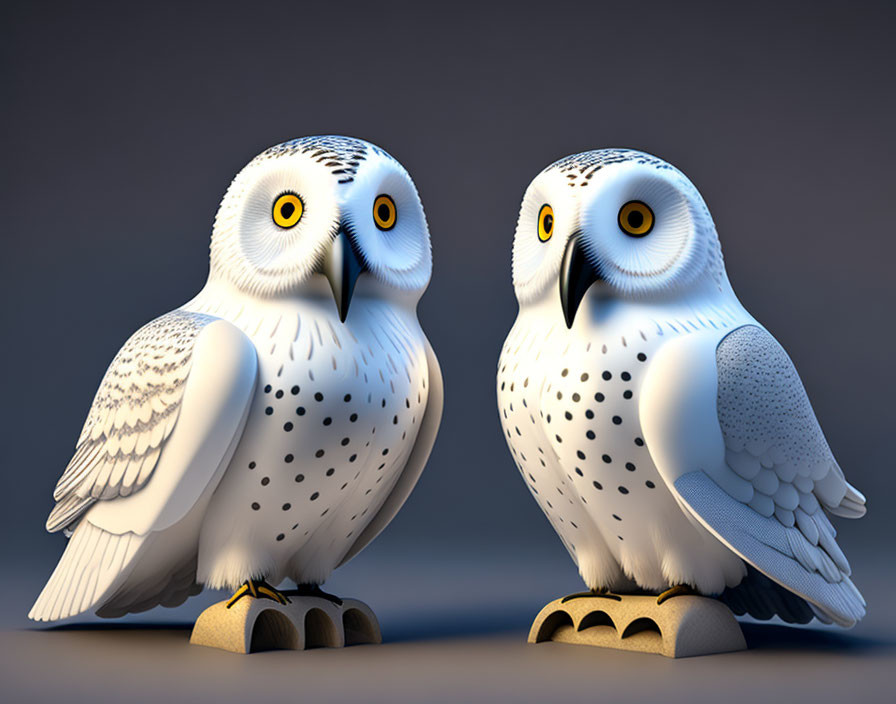 Pair of animated snowy owls with expressive eyes on neutral background