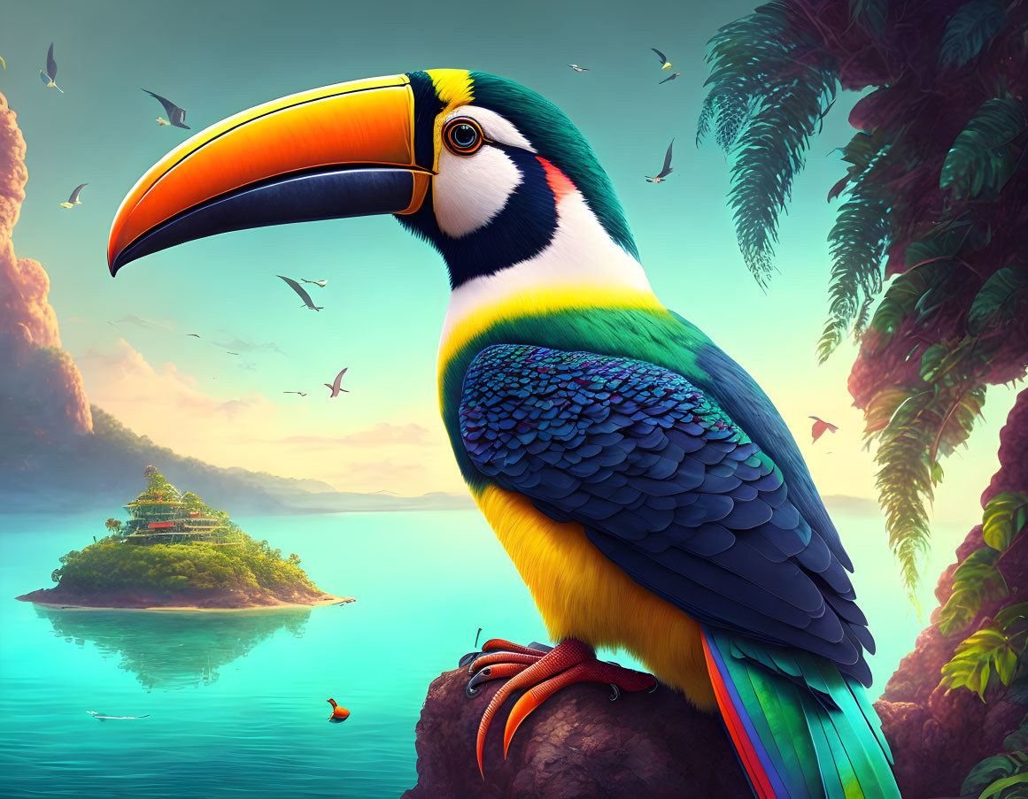 Colorful toucan on branch by serene lake with island, pagoda, flying birds, lush foliage